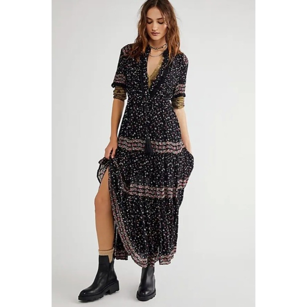 Free People Rare Feelings Maxi Dress Black Floral Tiered Boho OB907121 Large